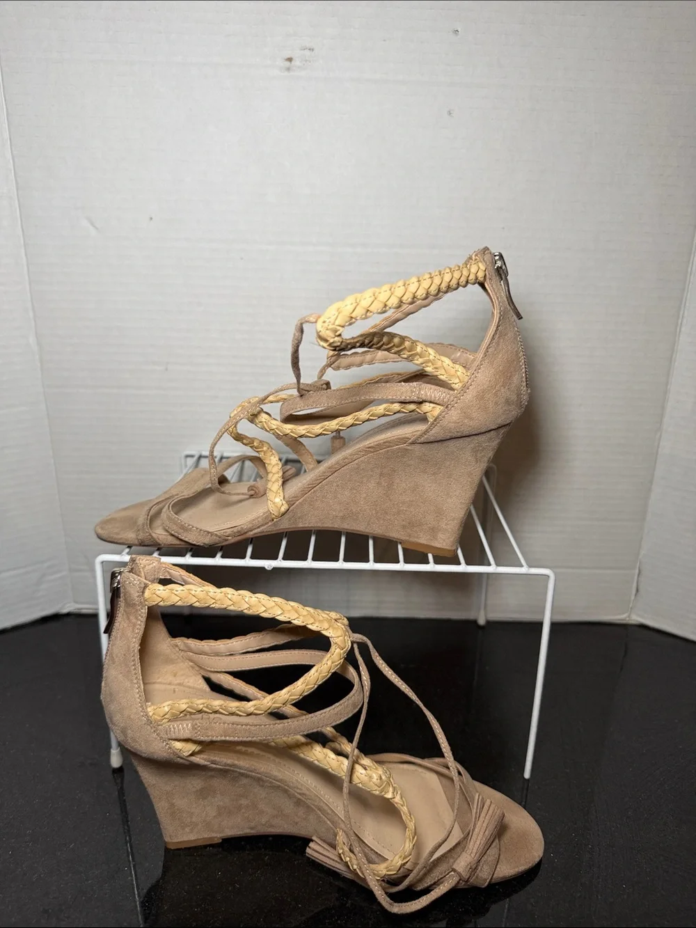 BCBGeneration Taupe Faux Suede Wedge Sandals Braided Straps Size 8.5